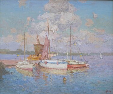 Pittura intitolato "Yachts In Kherson" da Gregory Gamaley, Opera d'arte originale, Olio Montato su Telaio per barella in leg…