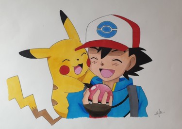 Drawing titled "Sacha et Pikachu" by Melodias Art, Original Artwork, Pencil