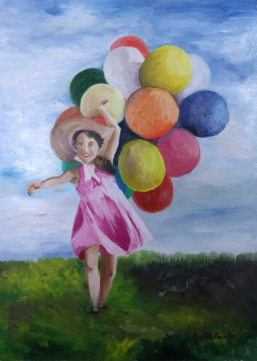 Pintura titulada "Menina com balões" por Greice Pozzatto, Obra de arte original, Oleo