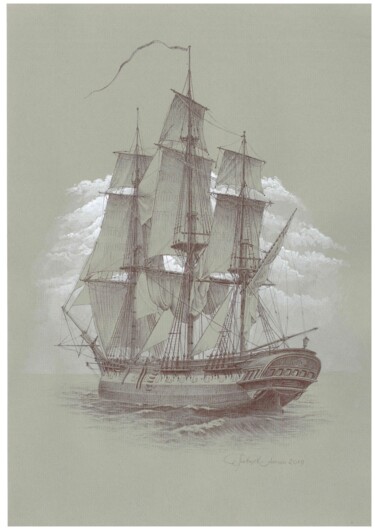 Drawing of a sailing ship Рисунок под названием "Drawing of a sailin…" - Антон Гревцев, Подлинное произведение искусства, Шариковая ручка