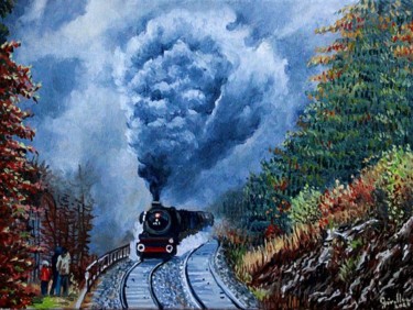 Schilderij getiteld "le dernier train va…" door Christian Grévellec, Origineel Kunstwerk, Olie