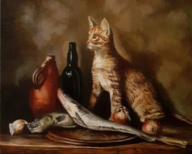 Painting titled "Le chat et les deux…" by Christian Grévellec, Original Artwork, Oil
