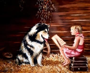 Pintura intitulada "Lecture au chien" por Christian Grévellec, Obras de arte originais, Óleo