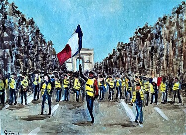 Schilderij getiteld "Les gilets jaunes" door Christian Grévellec, Origineel Kunstwerk, Olie