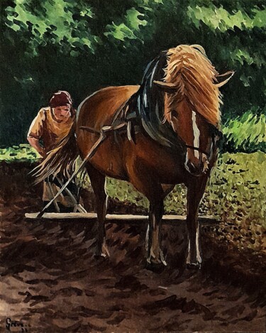 Painting titled "Le laboureur" by Christian Grévellec, Original Artwork, Oil