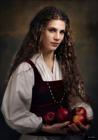 Schilderij getiteld "Girl With Apples" door Grigore Roibu, Origineel Kunstwerk, Digitale afdruk