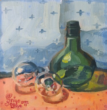 Painting titled "Bottle and light bu…" by Grigosashe, Original Artwork, Oil Mounted on Other rigid panel