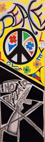 Drawing titled "PEACE 2" by Christelle Grimet, Original Artwork, Gel pen Mounted on Wood Stretcher frame