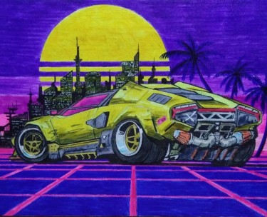 Painting titled "Lamborghini" by Grinmosk, Original Artwork, Marker Mounted on Wood Stretcher frame