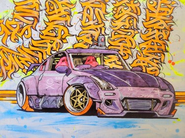 Schilderij getiteld "Nissan 350Z cyberpu…" door Grinmosk, Origineel Kunstwerk, Marker Gemonteerd op Frame voor houten branca…