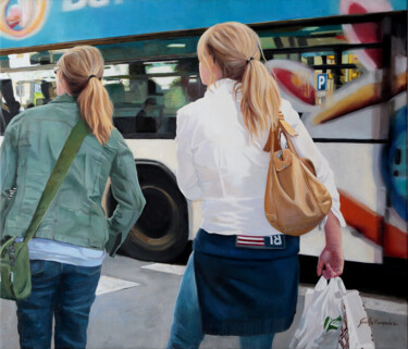 Pintura titulada "Chicas autobús" por Griselda Ferrandez, Obra de arte original, Oleo Montado en Bastidor de camilla de made…