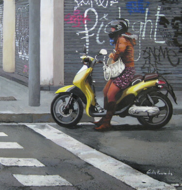 Pintura titulada "chica vespa" por Griselda Ferrandez, Obra de arte original, Oleo Montado en Bastidor de camilla de madera