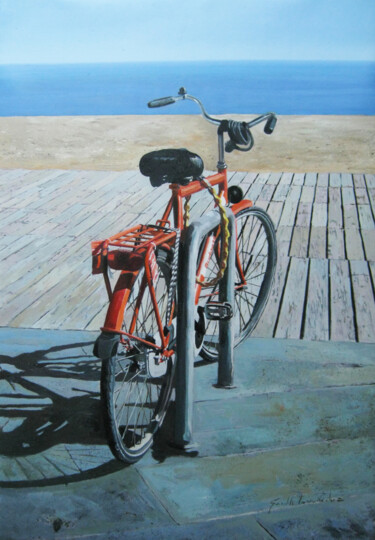 Картина под названием "bicicleta naranja" - Griselda Ferrandez, Подлинное произведение искусства, Масло