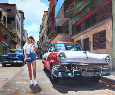 Painting titled "Coche americano vin…" by Griselda Ferrandez, Original Artwork, Oil Mounted on Wood Stretcher frame