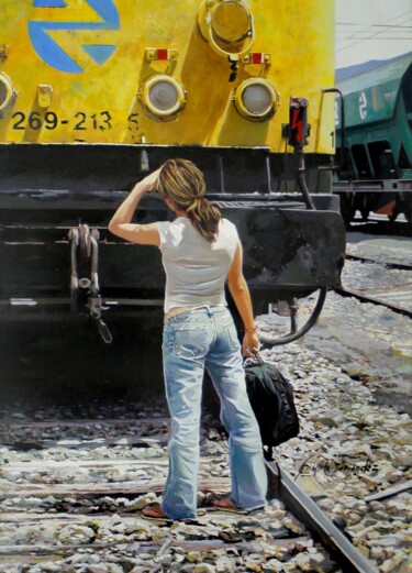 Pintura titulada "En la estación" por Griselda Ferrandez, Obra de arte original, Oleo Montado en Bastidor de camilla de made…