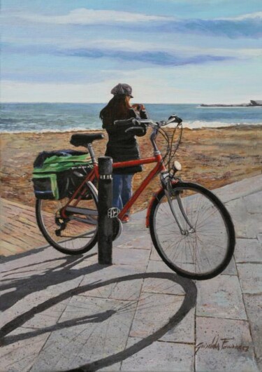 Schilderij getiteld "Chica con bici en l…" door Griselda Ferrandez, Origineel Kunstwerk, Olie Gemonteerd op Frame voor houte…