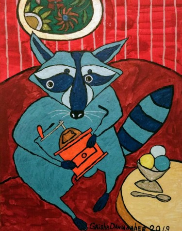Картина под названием "Голубой енот с оран…" - Grisha Danunaher, Подлинное произведение искусства, Акварель