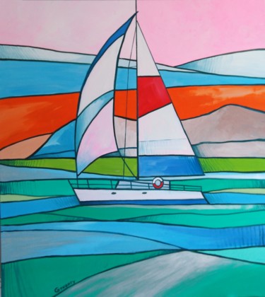 Картина под названием "Boat trip at sunset" - Grigorii Zulkarniaev, Подлинное произведение искусства, Акрил