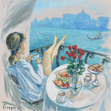 Painting titled "Breakfast in Venice" by Grigorii Zulkarniaev, Original Artwork, Acrylic