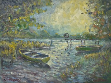 Malarstwo zatytułowany „boats on the river” autorstwa Grigorii Zulkarniaev, Oryginalna praca, Olej
