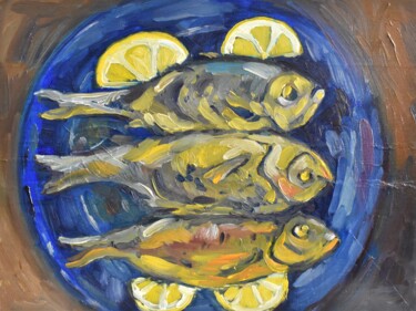 Peinture intitulée "Fried fish" par Grigorii Zulkarniaev, Œuvre d'art originale, Huile