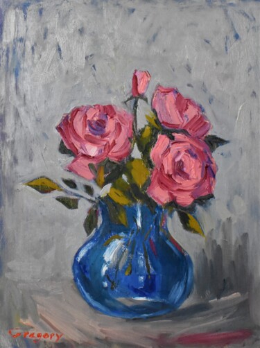 Painting titled "Roses in a vase" by Grigorii Zulkarniaev, Original Artwork, Oil