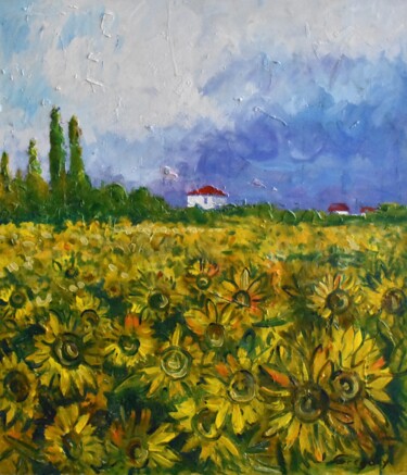Malerei mit dem Titel "sunflower field" von Grigorii Zulkarniaev, Original-Kunstwerk, Öl