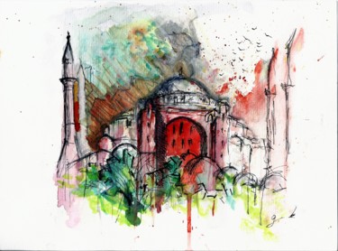 Schilderij getiteld "Hagia Sophia" door Görkem Kalkan, Origineel Kunstwerk, Aquarel