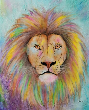 Painting titled "Lion the King" by Ingrida Grosmane, Original Artwork, Acrylic Mounted on Wood Stretcher frame