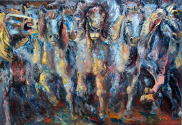 Malerei mit dem Titel "Hengstparade" von Wolfgang Gross-Freytag, Original-Kunstwerk, Öl