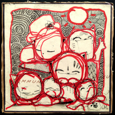 Schilderij getiteld "Happy red Family" door Grotesk, Origineel Kunstwerk, Balpen