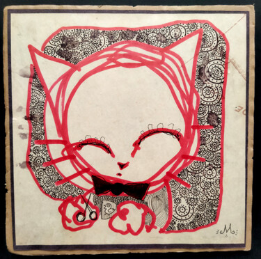Drawing titled "Small red cat" by Grotesk, Original Artwork, Marker Mounted on Cardboard