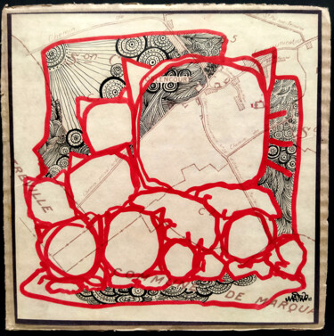 Drawing titled "Abstract red family" by Grotesk, Original Artwork, Marker Mounted on Wood Panel