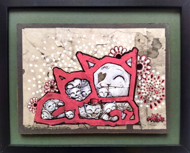 Drawing titled "Red Family" by Grotesk, Original Artwork, Acrylic Mounted on Cardboard