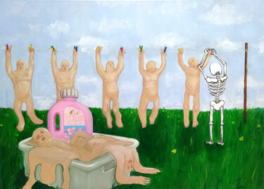Schilderij getiteld "Jour de lessive" door Grotesk, Origineel Kunstwerk, Acryl