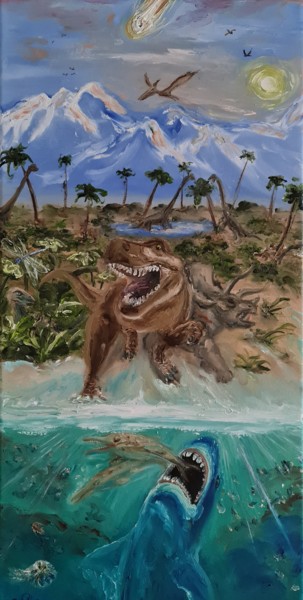 Painting titled "Prehistoric - Dinos…" by Peter Grundtner, Original Artwork, Oil