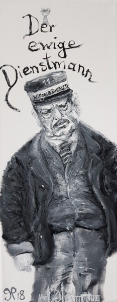 Schilderij getiteld "Hallo Dienstmann" door Peter Grundtner, Origineel Kunstwerk, Olie