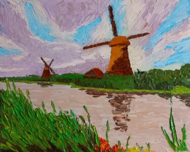 Pintura intitulada "Windmill by the can…" por Gryg, Obras de arte originais, Óleo Montado em Armação em madeira