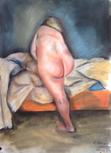 Dessin intitulée "Nu au lit défait" par Gérard Rouyer (Gégé), Œuvre d'art originale, Pastel