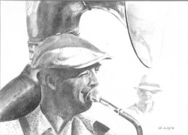 Drawing titled "Tuba" by Gérard Rouyer (Gégé), Original Artwork, Pencil Mounted on Cardboard