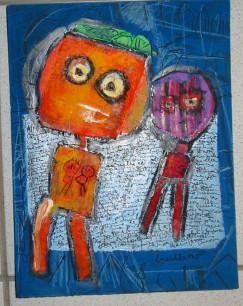 Peinture intitulée "Orange et prune" par Les Guallino, Œuvre d'art originale, Huile