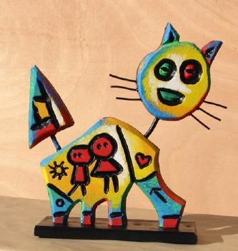 Sculpture intitulée "Chat bon oeil" par Les Guallino, Œuvre d'art originale, Bois