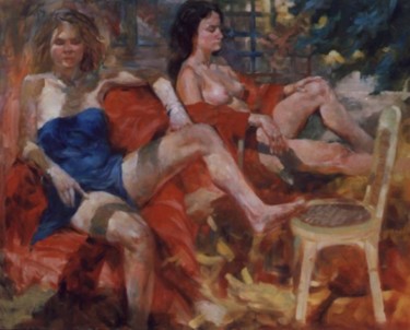 Painting titled "In backyard" by Guang Ai, Original Artwork, Oil