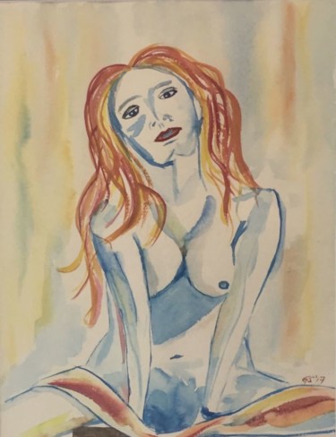 Картина под названием "naked lady in blue&…" - Gudrun Sageder, Подлинное произведение искусства, Акварель