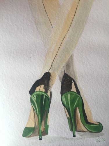 Painting titled "green high heels" by Gudrun Sageder, Original Artwork, Watercolor