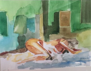 Malerei mit dem Titel "sleeping lady in gr…" von Gudrun Sageder, Original-Kunstwerk, Aquarell