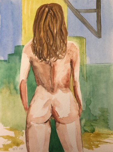 Painting titled "standing lady in gr…" by Gudrun Sageder, Original Artwork, Watercolor