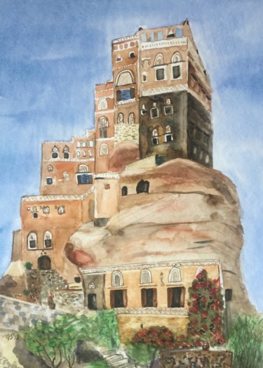 Painting titled "Yemeni House-Rock" by Gudrun Sageder, Original Artwork, Watercolor