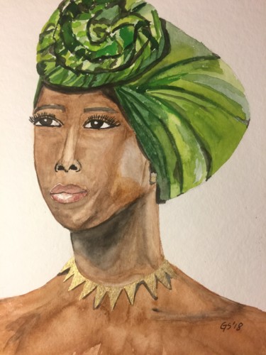 Malerei mit dem Titel "green turban" von Gudrun Sageder, Original-Kunstwerk, Aquarell