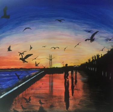 Painting titled "sunset birds in Nic…" by Gudrun Sageder, Original Artwork, Acrylic